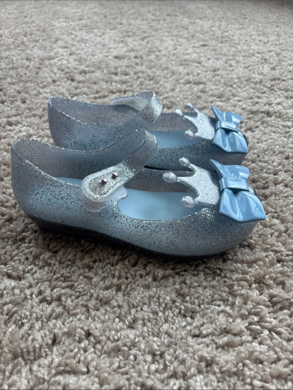 Mini Melissa Silver Glitter Mary Janes with Light Blue Bow